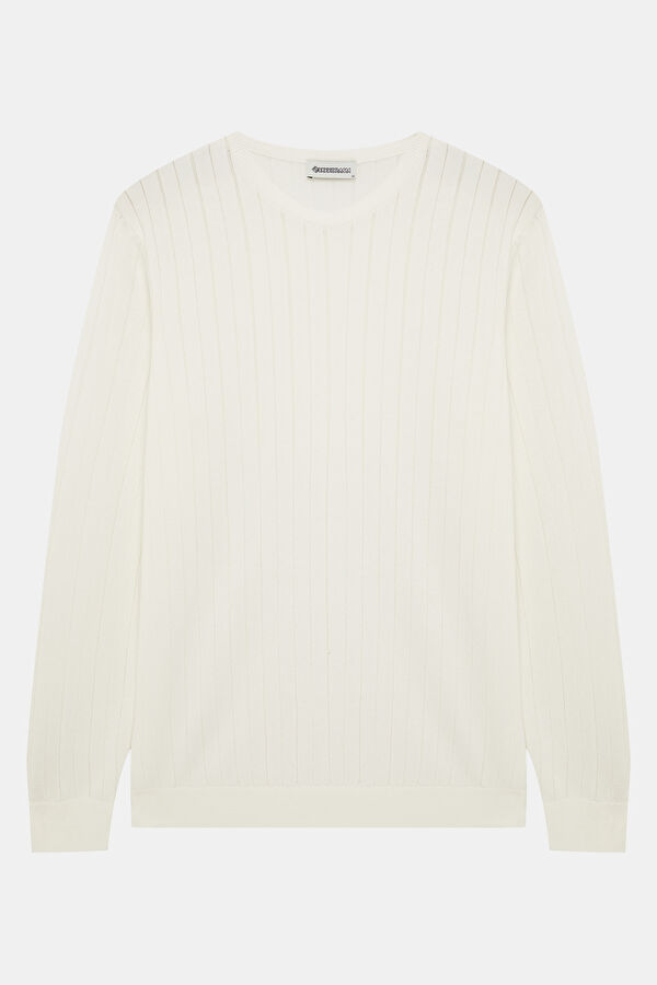 Ecru Striped Pattern Viscose Knit Men's Sweater