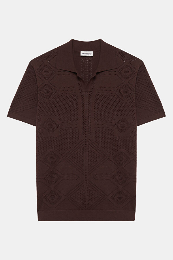 Brown Polo Collar Knitted Patterned Men's T-Shirt