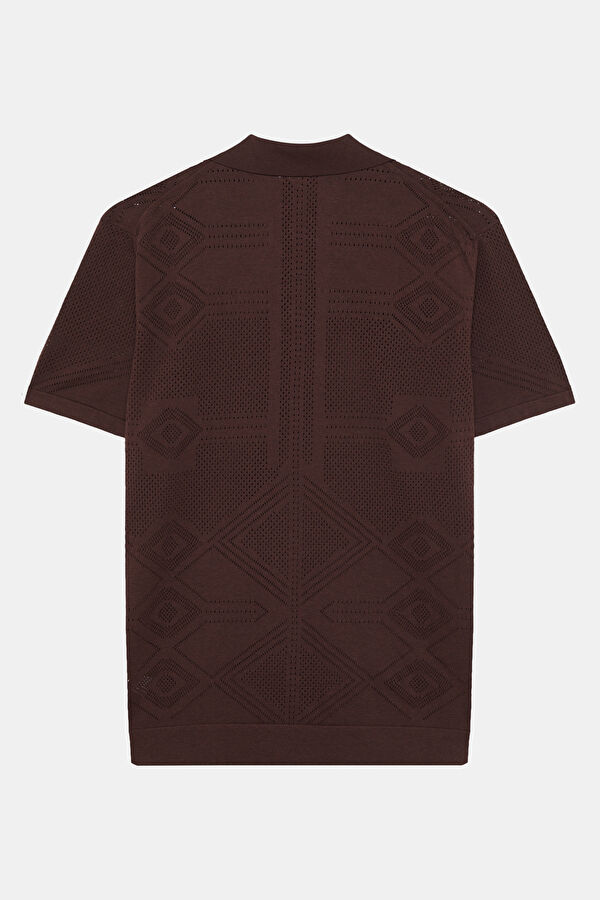 Brown Polo Collar Knitted Patterned Men's T-Shirt 2
