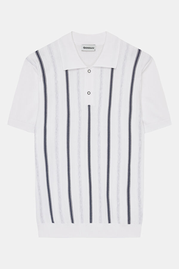 White Polo Collar Striped Pattern Men's T-Shirt