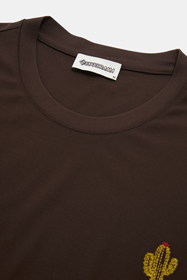 Brown Crew Neck Embroidered Men's T-Shirt 6