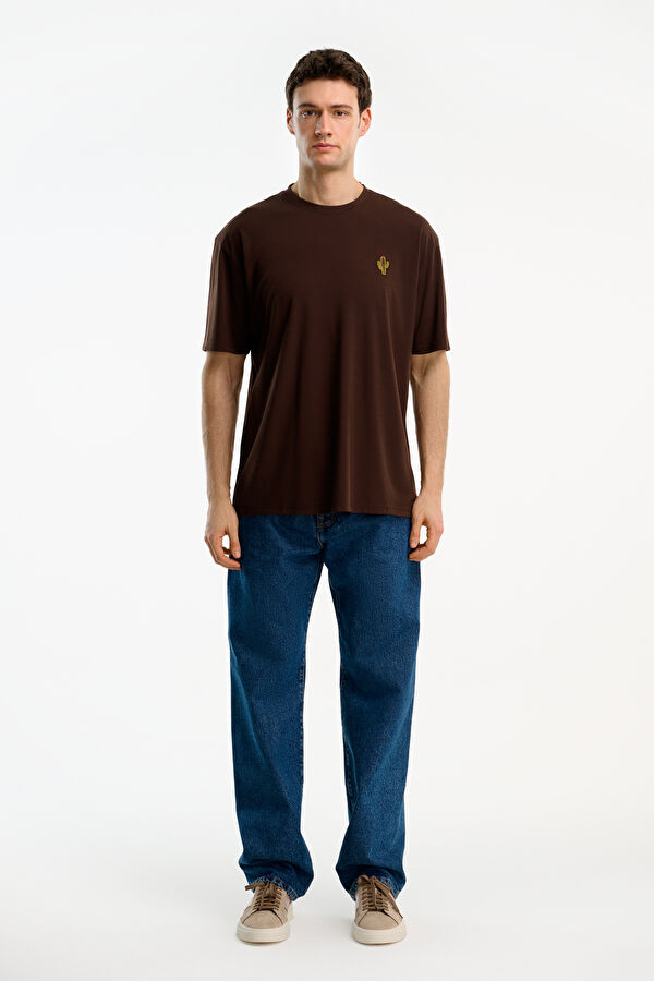 Brown Crew Neck Embroidered Men's T-Shirt 3