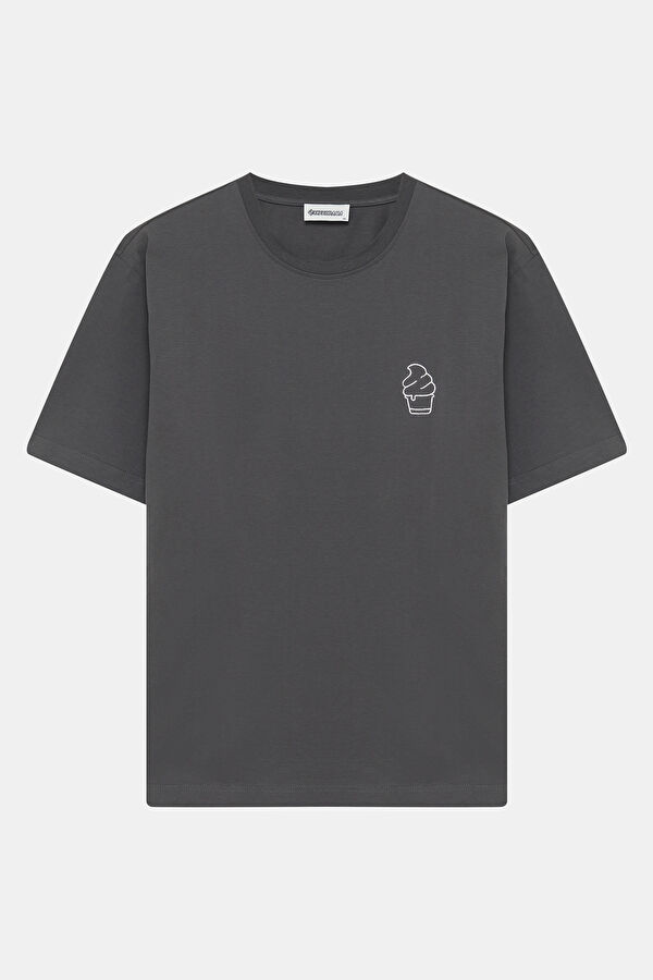 Dark Grey Crew Neck Embroidered Men's T-Shirt