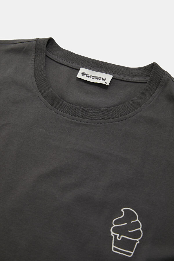Dark Grey Crew Neck Embroidered Men's T-Shirt 3