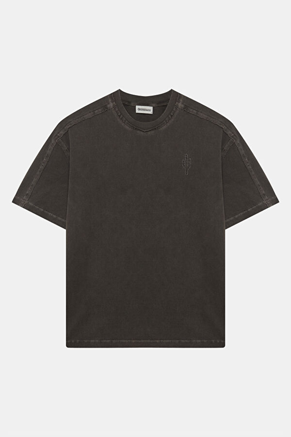 Gri Bisiklet Yaka Nakışlı Erkek T-Shirt 4