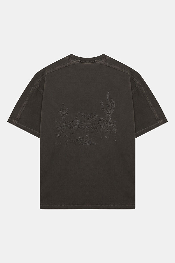 Gri Bisiklet Yaka Nakışlı Erkek T-Shirt 5