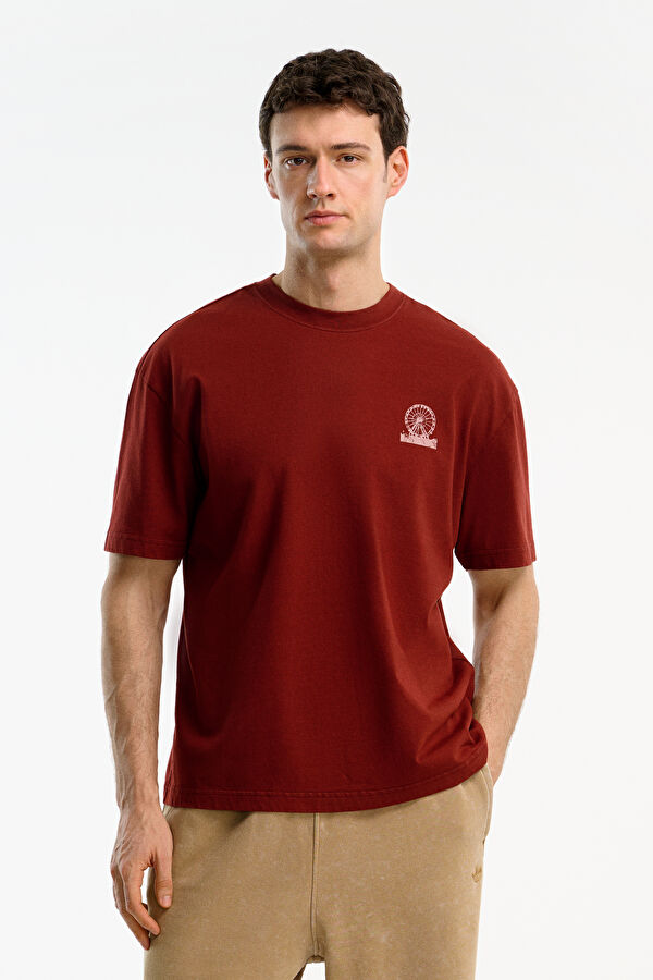 Burgundy Crew Neck Printed Men's T-Shirt