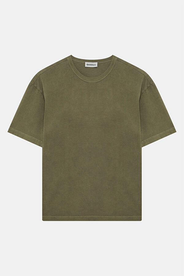 Haki Bisiklet Yaka Nakışlı Erkek T-Shirt 4