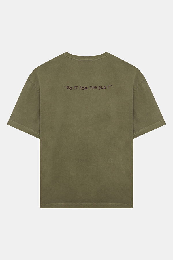 Haki Bisiklet Yaka Nakışlı Erkek T-Shirt 5