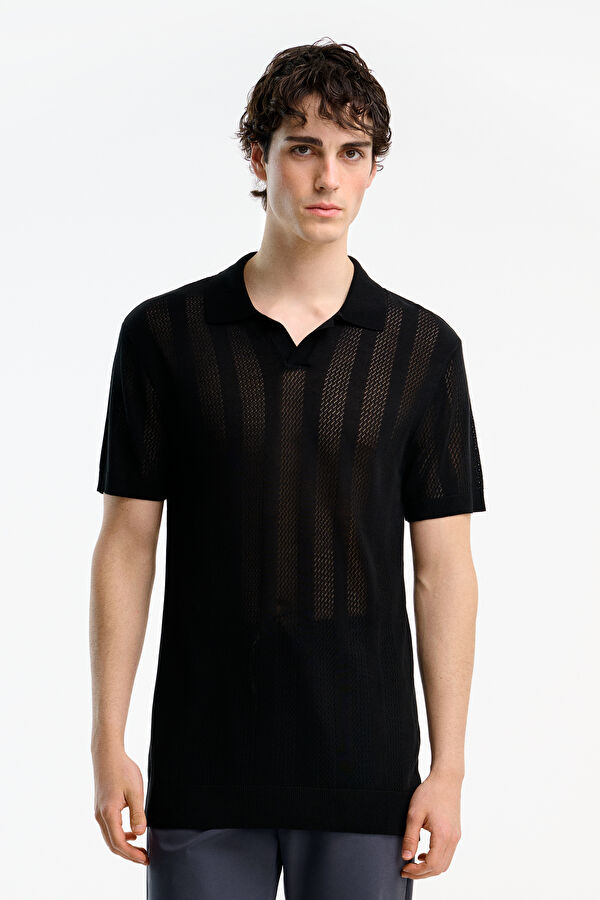 Black Striped Polo Collar Men's T-Shirt