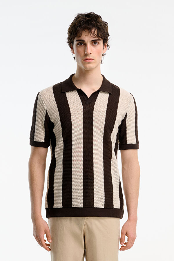 Kahve Polo Yaka Çizgili Desenli Erkek T-Shirt