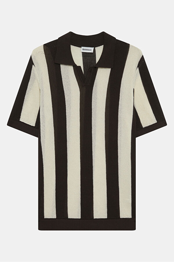 Kahve Polo Yaka Çizgili Desenli Erkek T-Shirt 4