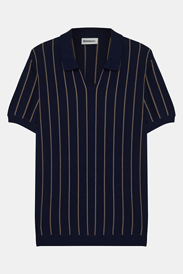 Navy Blue Polo Collar Striped Pattern Men's T-Shirt