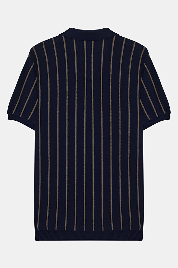 Navy Blue Polo Collar Striped Pattern Men's T-Shirt 2