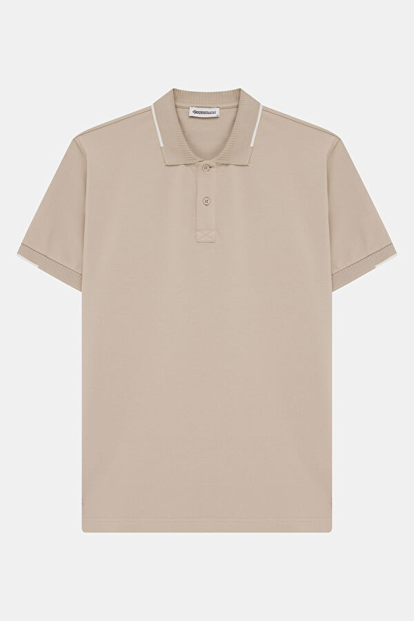 Beige Polo Neck Embroidered Men's T-Shirt