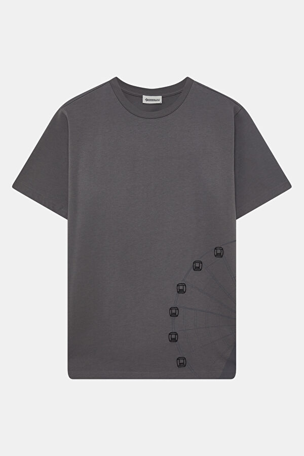 Gri Bisiklet Yaka Baskılı Erkek T-Shirt