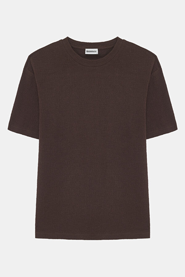 Brown Crew Neck Textured Men's T-Shirt