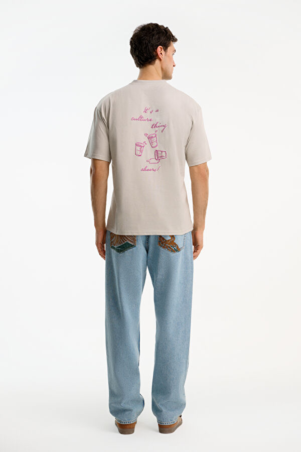 Light Grey Crew Neck Embroidered Men's T-Shirt 2