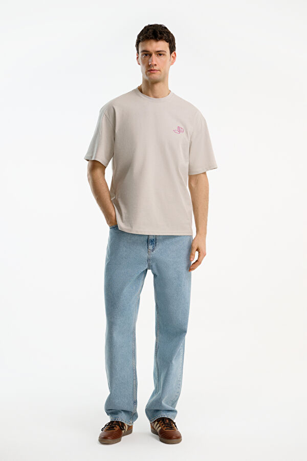 Light Grey Crew Neck Embroidered Men's T-Shirt 3