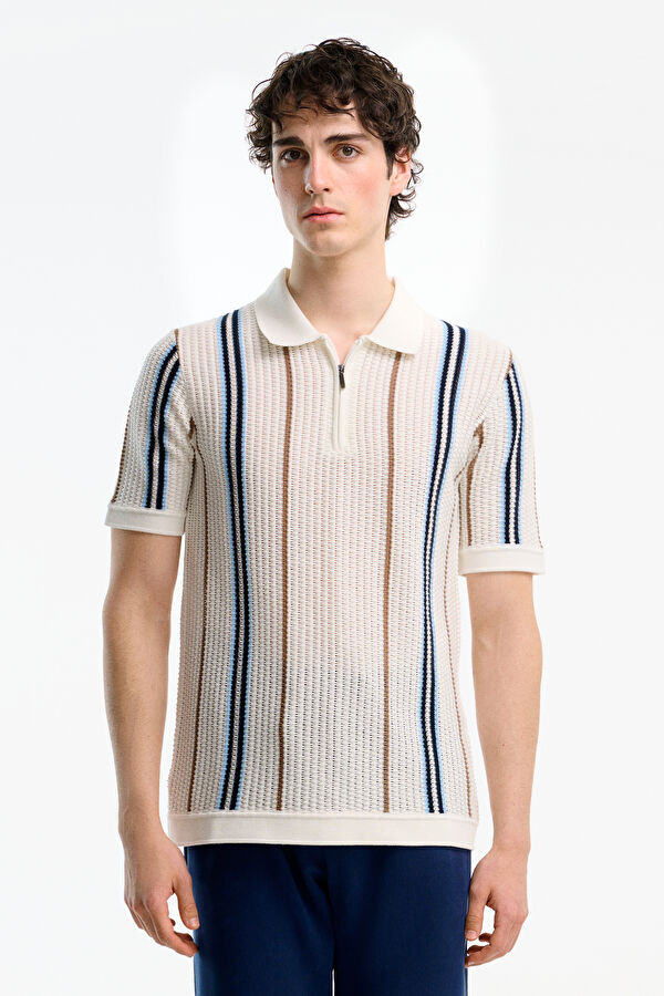 Ekru Polo Yaka Çizgili Desenli Erkek T-Shirt