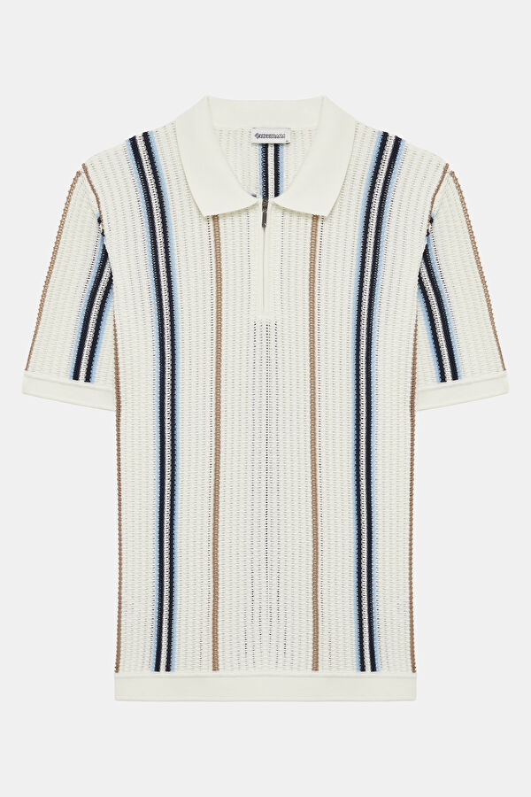 Ekru Polo Yaka Çizgili Desenli Erkek T-Shirt 4
