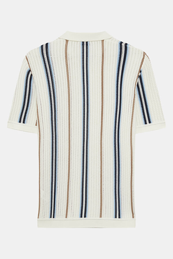 Ekru Polo Yaka Çizgili Desenli Erkek T-Shirt 5