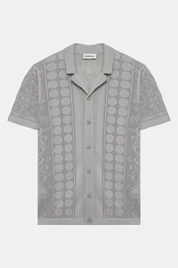 Gray Resort Collar Patterned Men's T-Shirt 4