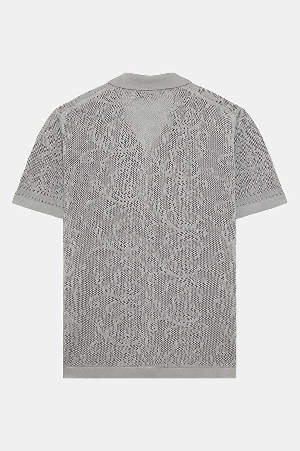 Gray Resort Collar Patterned Men's T-Shirt 5