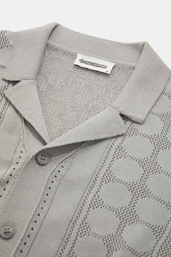 Gray Resort Collar Patterned Men's T-Shirt 6