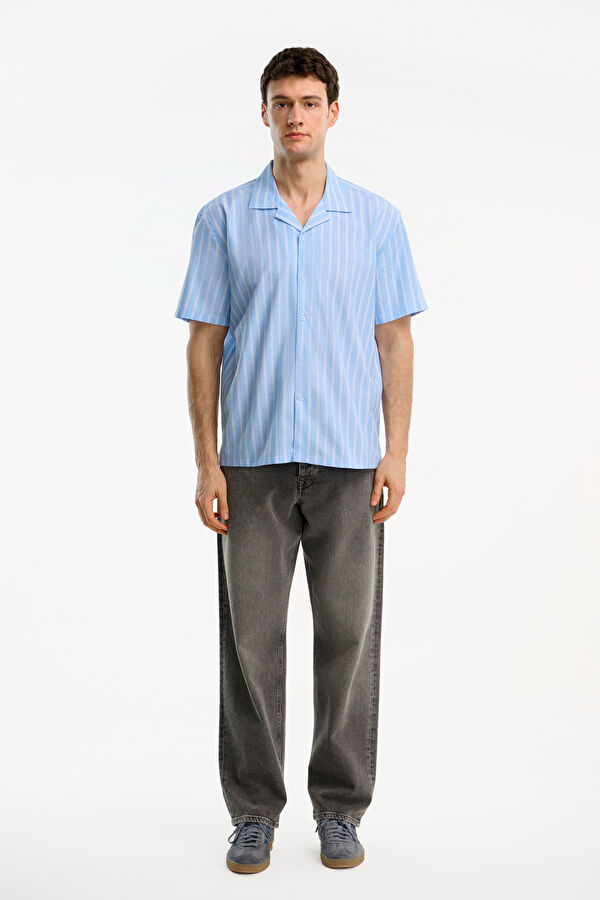 Blue Striped Resort Collar Men's Shirt 3