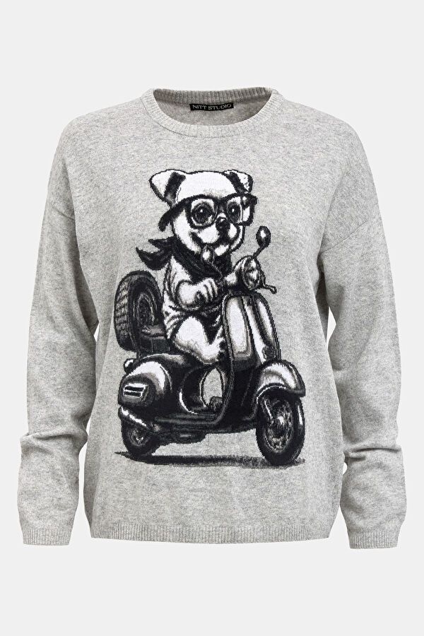 Grey Animal Print Wool/Cashmere Women's Sweater