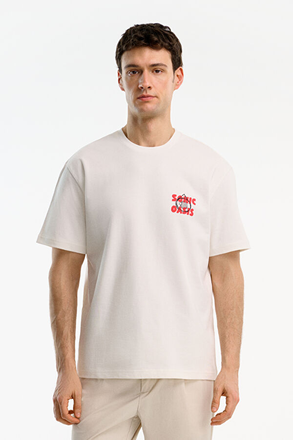 Ekru Bisiklet Yaka Baskılı Erkek T-Shirt