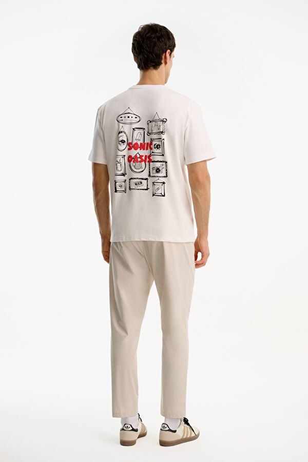 Ekru Bisiklet Yaka Baskılı Erkek T-Shirt 2