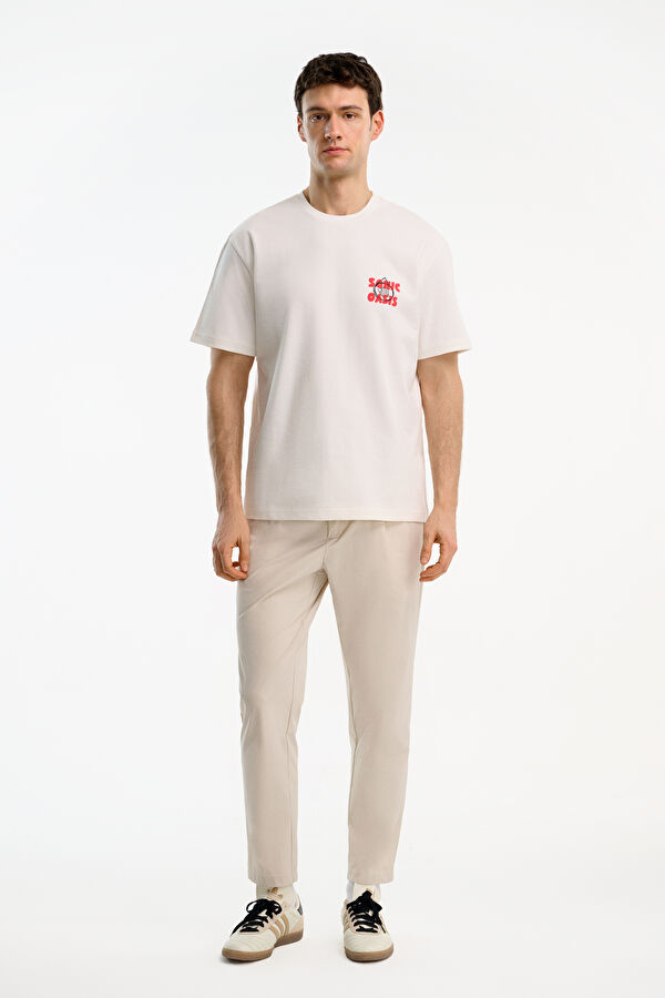 Ekru Bisiklet Yaka Baskılı Erkek T-Shirt 3