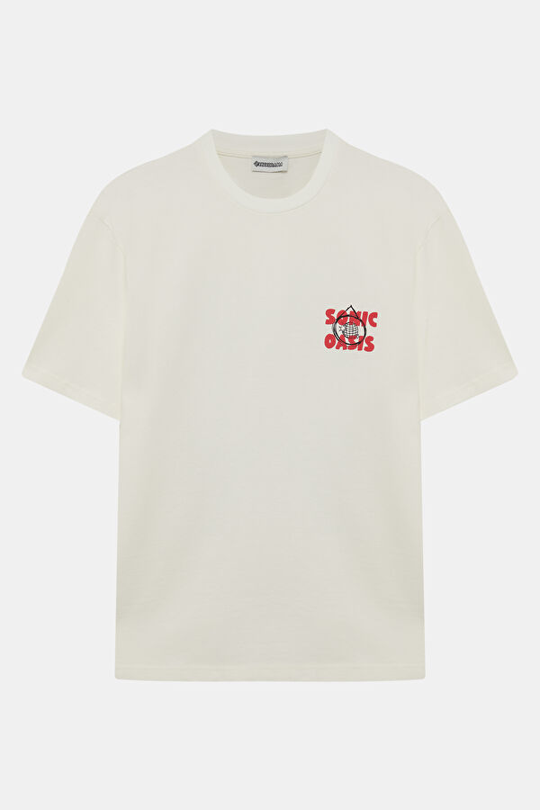 Ekru Bisiklet Yaka Baskılı Erkek T-Shirt 4