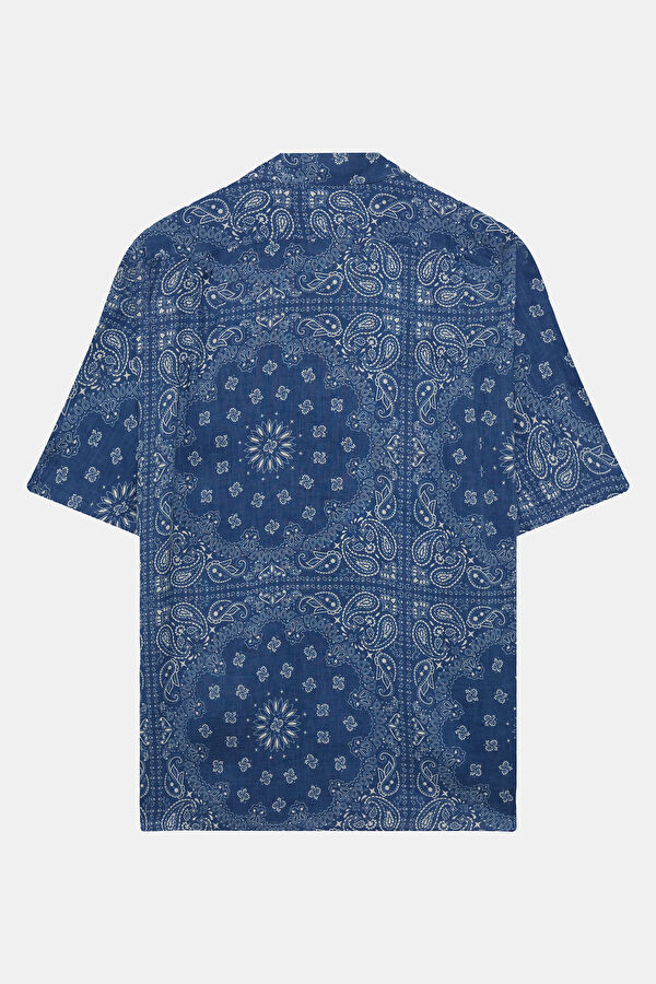 Sifnos Bandanna Desenli Erkek Lacivert Keten Gömlek 2