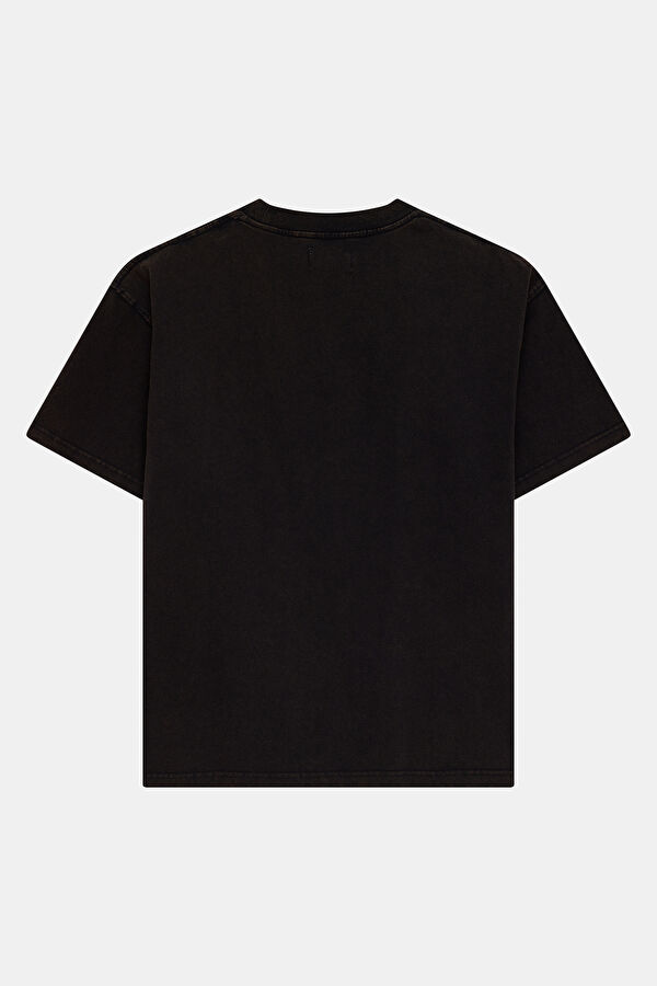 Relax Kalıp Siyah Bisiklet Yaka Baskılı Erkek T-Shirt 2