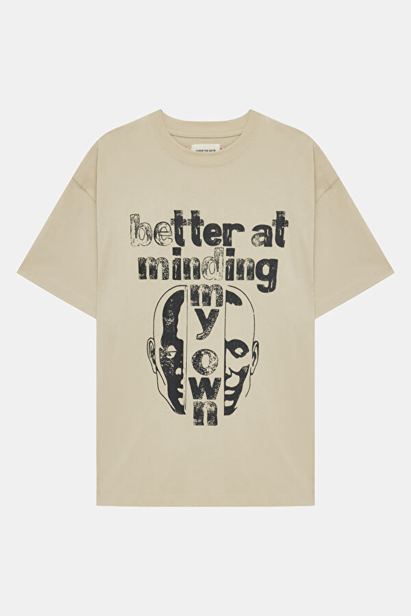 Relax Fit Beige Hooded Printed Men's T-Shirt