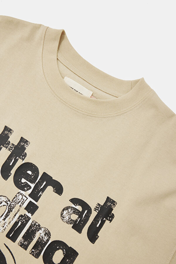 Relax Fit Beige Hooded Printed Men's T-Shirt 3