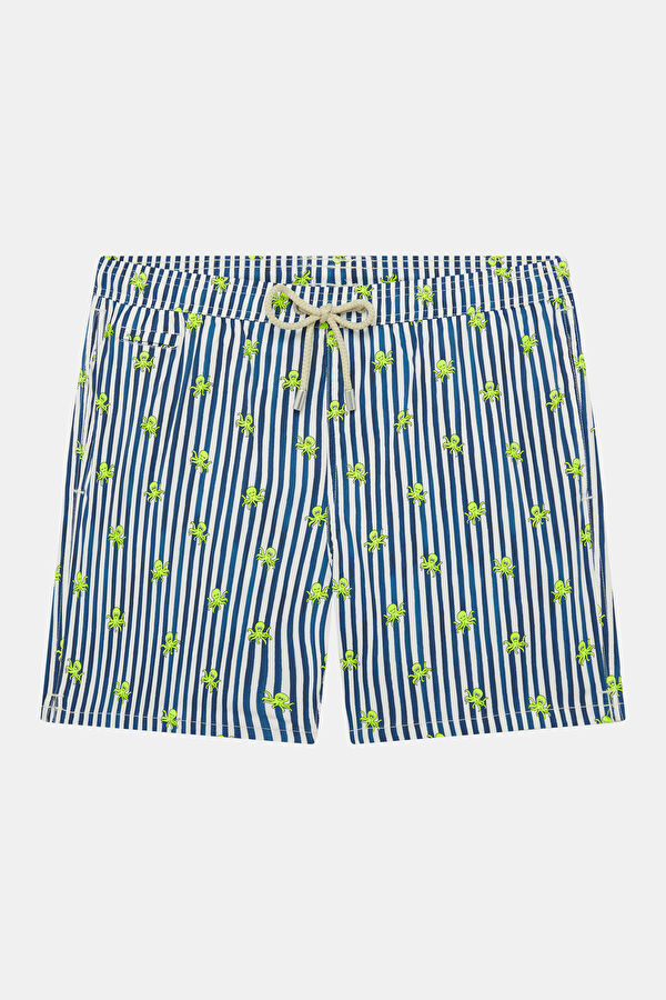 Lighting Micro Stretch Striped Octopus Pattern Men's Navy Swimsuit