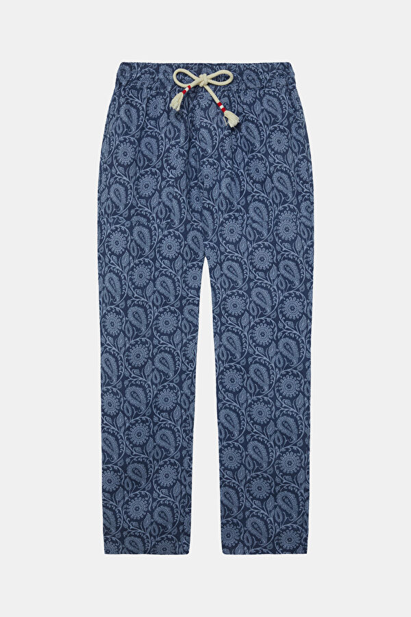 Calais Şal Desenli Wide Leg Erkek Lacivert Keten Pantolon