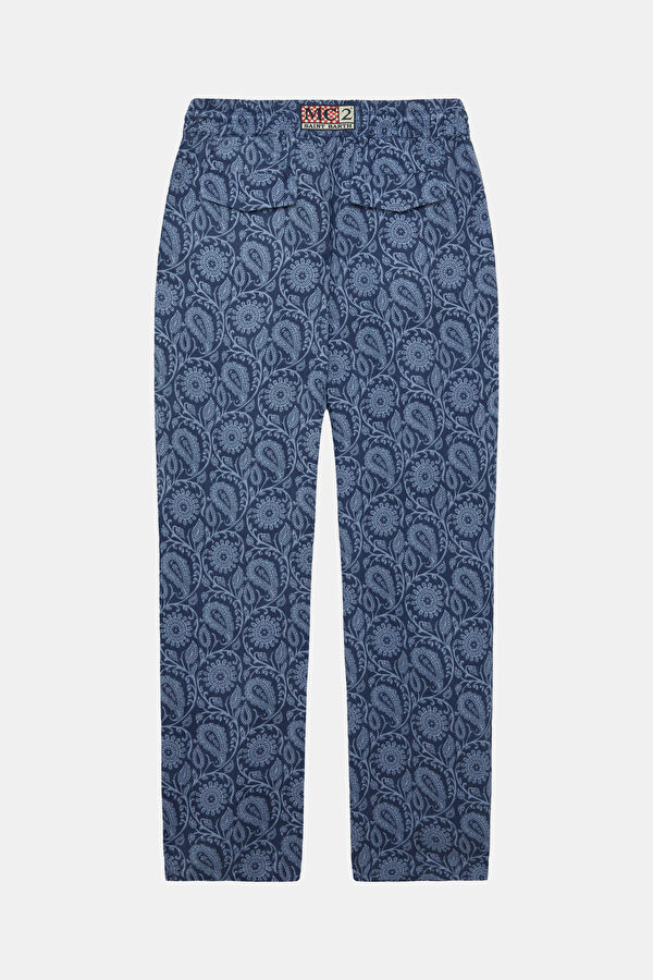 Calais Şal Desenli Wide Leg Erkek Lacivert Keten Pantolon 2