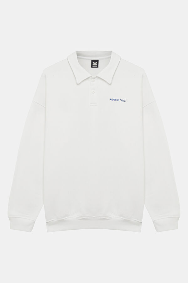 Beyaz Relax Kalıp Bisiklet Yaka Erkek Sweatshirt