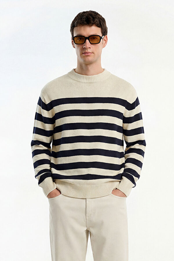 Cream Striped Knit Men's Sweater