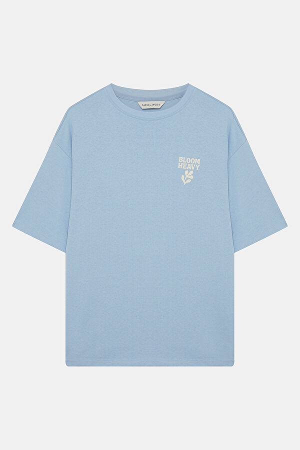 Relax Kalıp Açık Mavi Bisiklet Yaka Baskılı Erkek T-Shirt