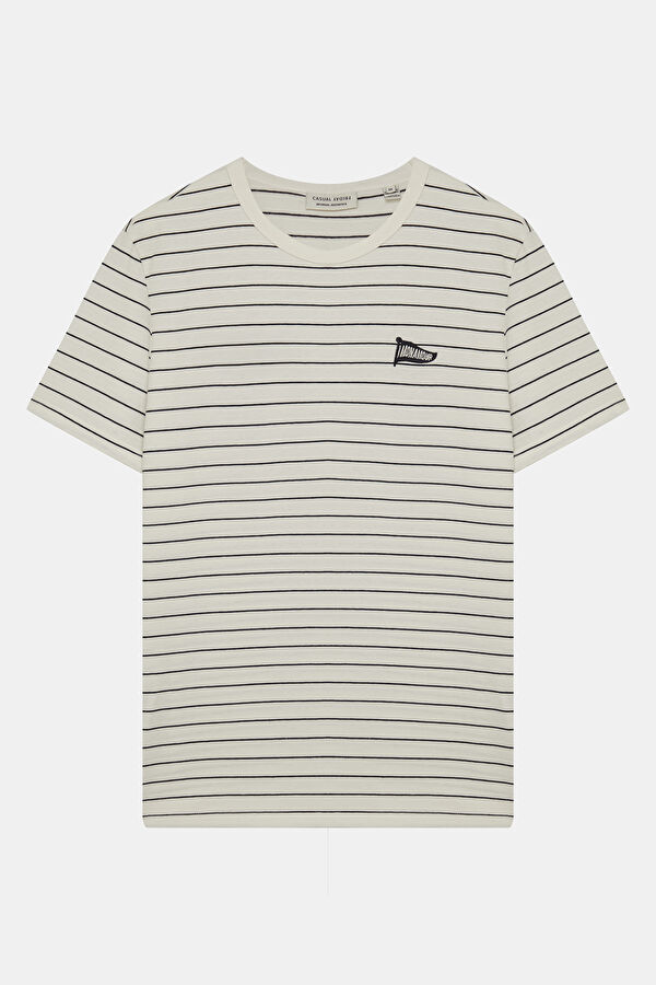 Relax Fit White Crew Neck Striped Men's T-Shirt
