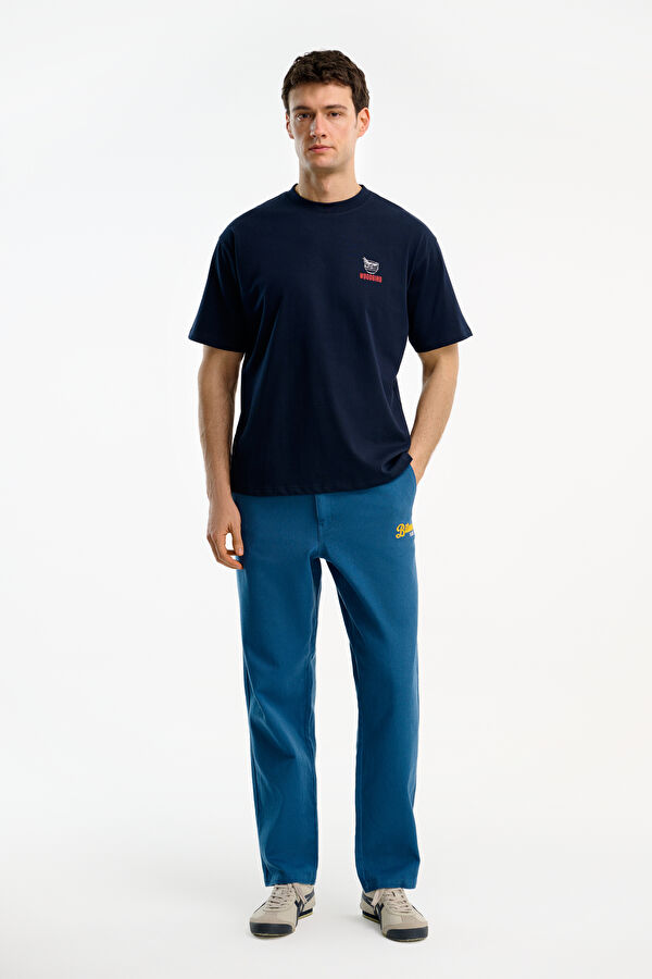 Relax Kalıp Lacivert Bisiklet Yaka Baskılı Erkek T-Shirt 3