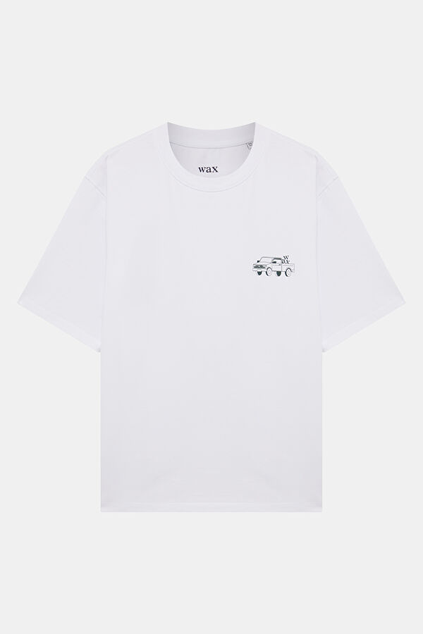 Relax Kalıp Beyaz Bisiklet Yaka Baskılı Erkek T-Shirt 4