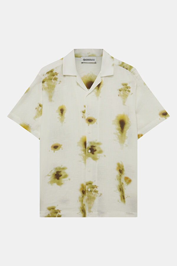 Ecru Patterned Resort Collar Linen Men's Shirt