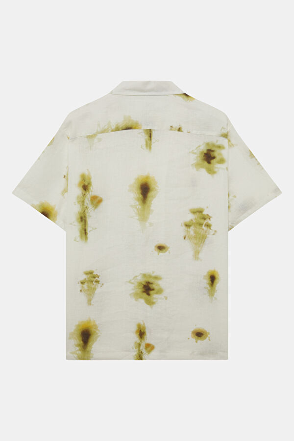 Ecru Patterned Resort Collar Linen Men's Shirt 2